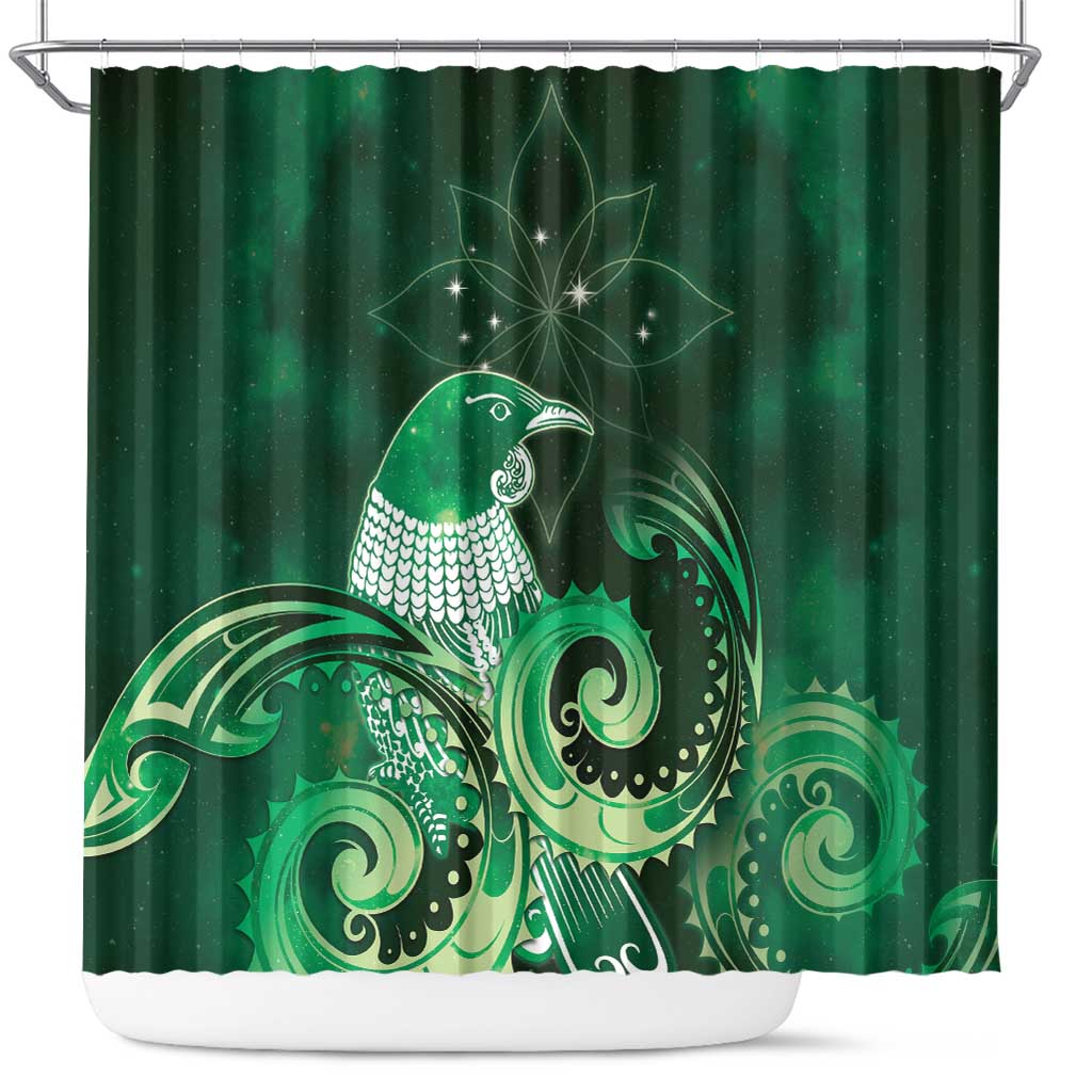 New Zealand Matariki Shower Curtain Maori Tui Bird Green Galaxy