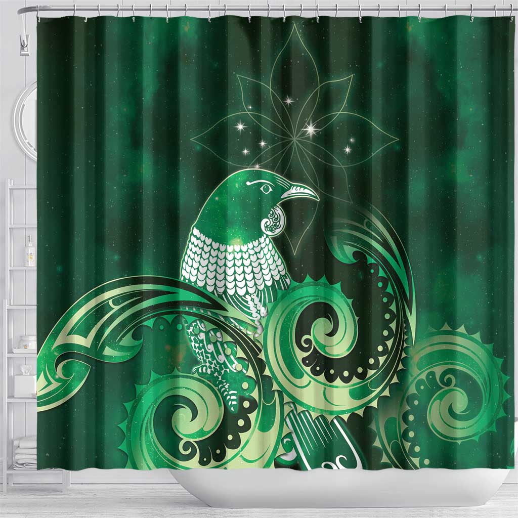 New Zealand Matariki Shower Curtain Maori Tui Bird Green Galaxy