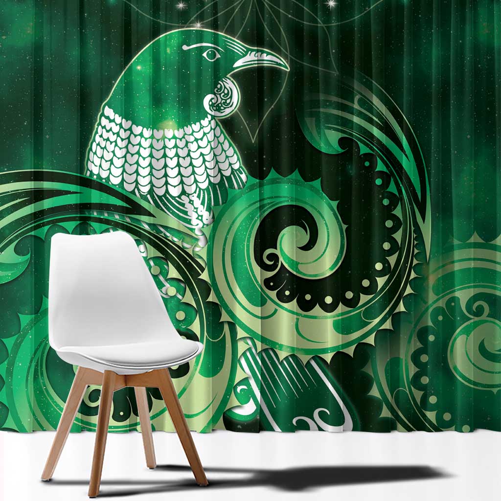 New Zealand Matariki Window Curtain Maori Tui Bird Green Galaxy