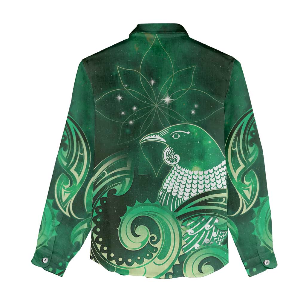 New Zealand Matariki Women Casual Shirt Maori Tui Bird Green Galaxy