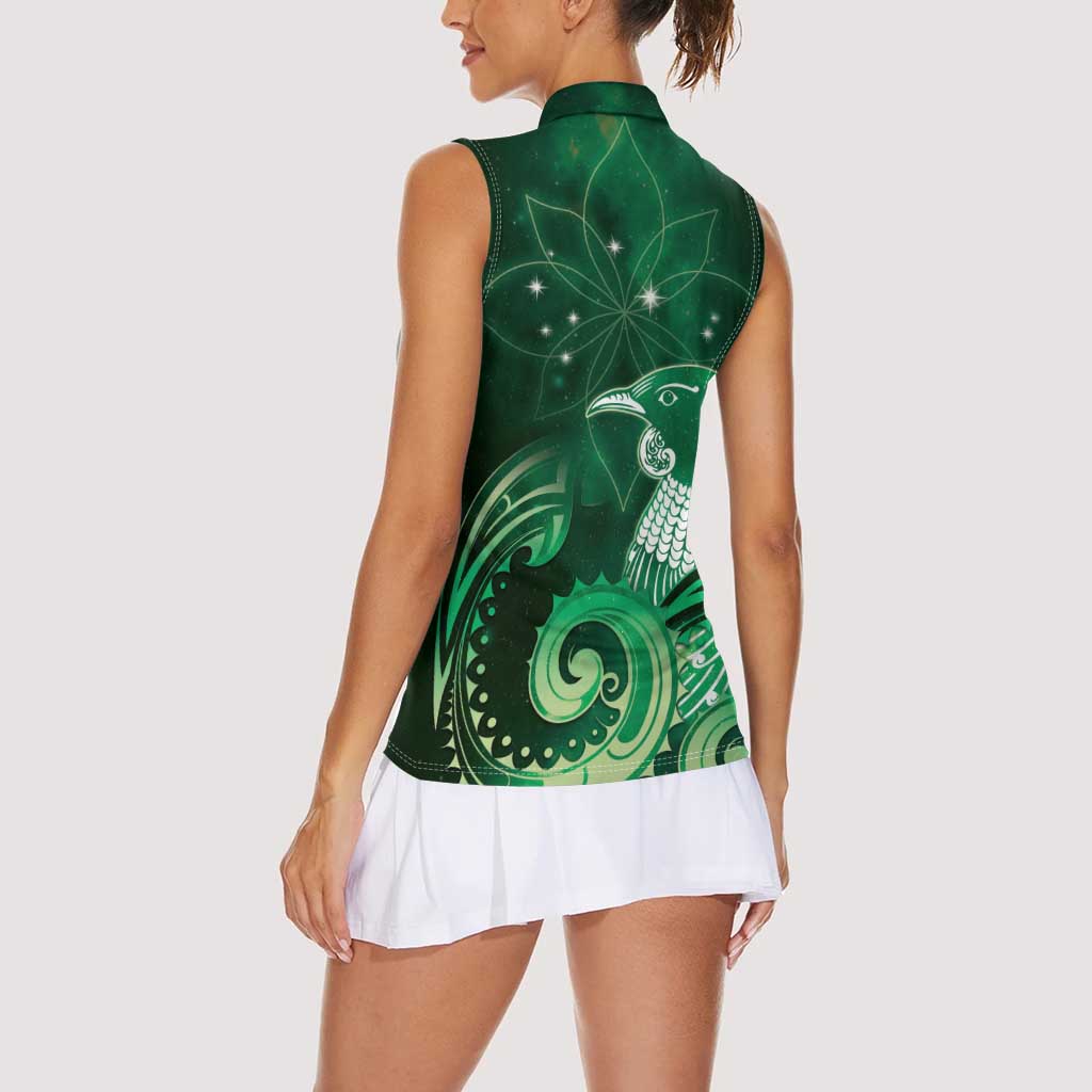 New Zealand Matariki Women Sleeveless Polo Shirt Maori Tui Bird Green Galaxy