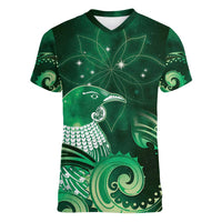 New Zealand Matariki Women V-Neck T-Shirt Maori Tui Bird Green Galaxy