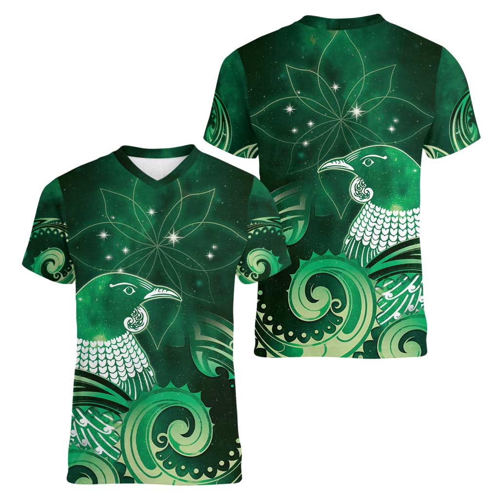 New Zealand Matariki Women V-Neck T-Shirt Maori Tui Bird Green Galaxy