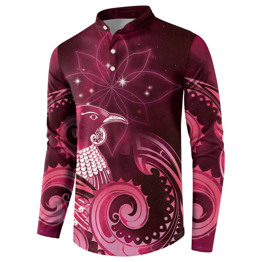New Zealand Matariki Button Sweatshirt Maori Tui Bird Magenta Galaxy