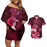 New Zealand Matariki Couples Matching Off Shoulder Short Dress and Hawaiian Shirt Maori Tui Bird Magenta Galaxy