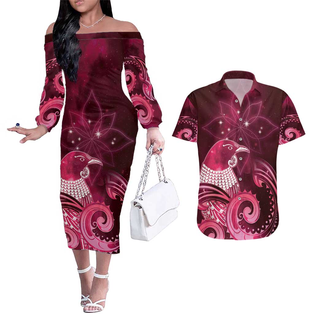 New Zealand Matariki Couples Matching Off The Shoulder Long Sleeve Dress and Hawaiian Shirt Maori Tui Bird Magenta Galaxy