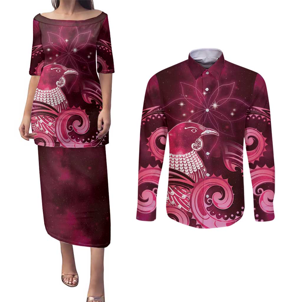 New Zealand Matariki Couples Matching Puletasi and Long Sleeve Button Shirt Maori Tui Bird Magenta Galaxy