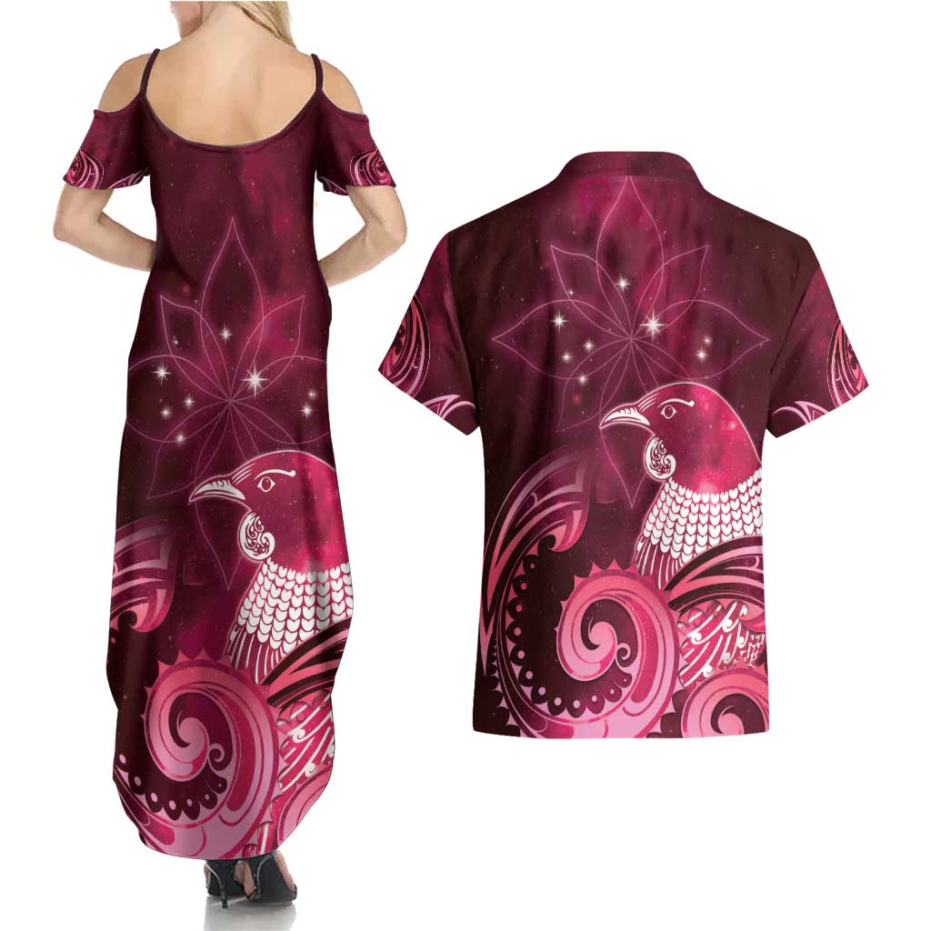 New Zealand Matariki Couples Matching Summer Maxi Dress and Hawaiian Shirt Maori Tui Bird Magenta Galaxy