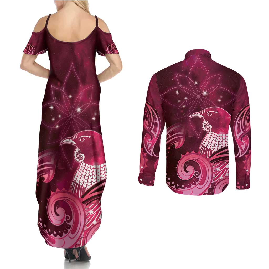 New Zealand Matariki Couples Matching Summer Maxi Dress and Long Sleeve Button Shirt Maori Tui Bird Magenta Galaxy