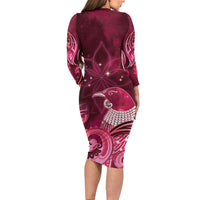New Zealand Matariki Family Matching Long Sleeve Bodycon Dress and Hawaiian Shirt Maori Tui Bird Magenta Galaxy