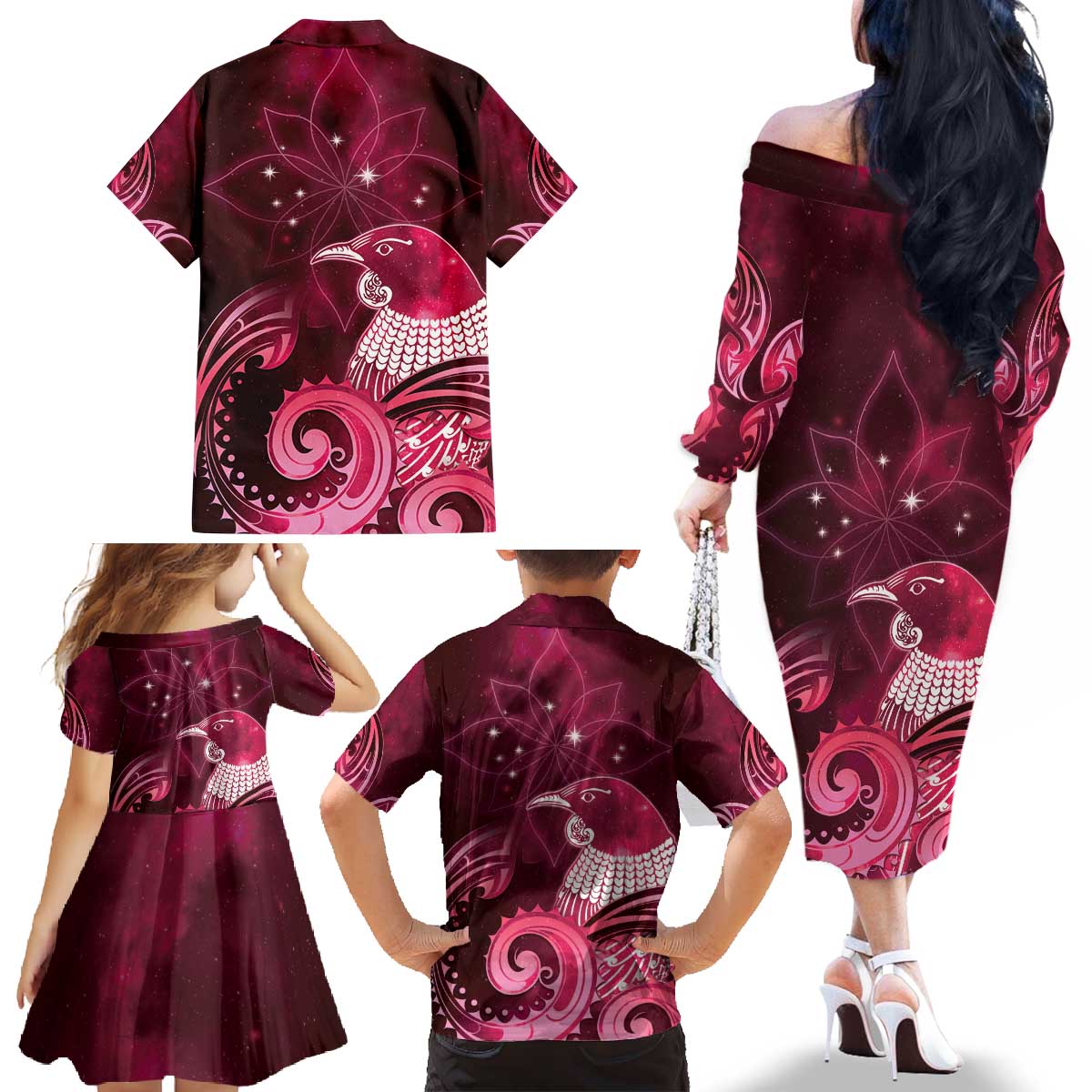 New Zealand Matariki Family Matching Off The Shoulder Long Sleeve Dress and Hawaiian Shirt Maori Tui Bird Magenta Galaxy