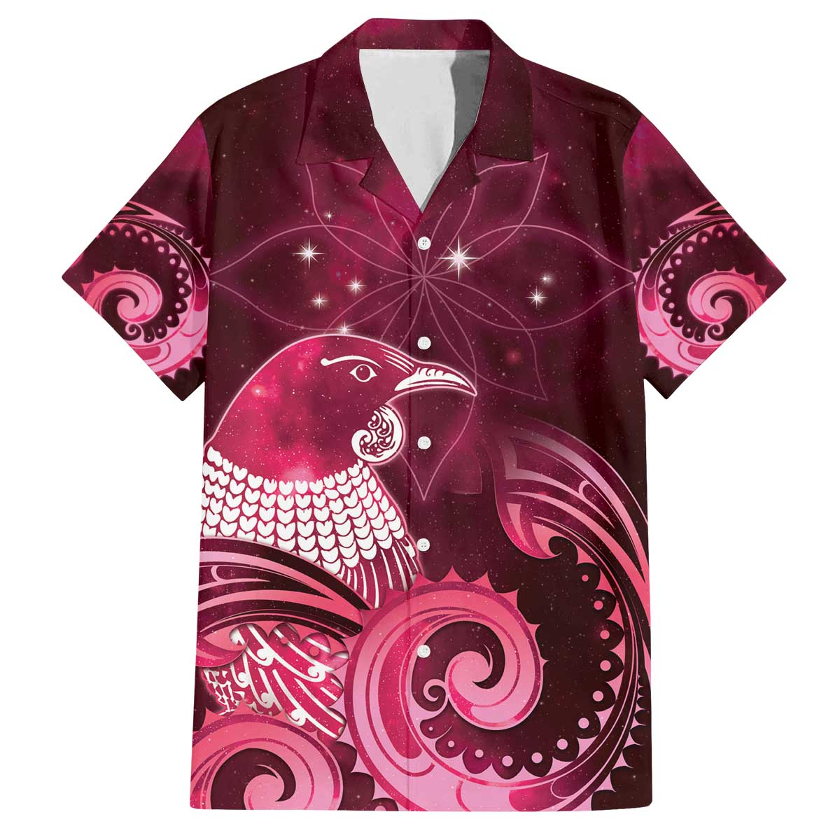 New Zealand Matariki Family Matching Off The Shoulder Long Sleeve Dress and Hawaiian Shirt Maori Tui Bird Magenta Galaxy