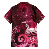 New Zealand Matariki Family Matching Off The Shoulder Long Sleeve Dress and Hawaiian Shirt Maori Tui Bird Magenta Galaxy