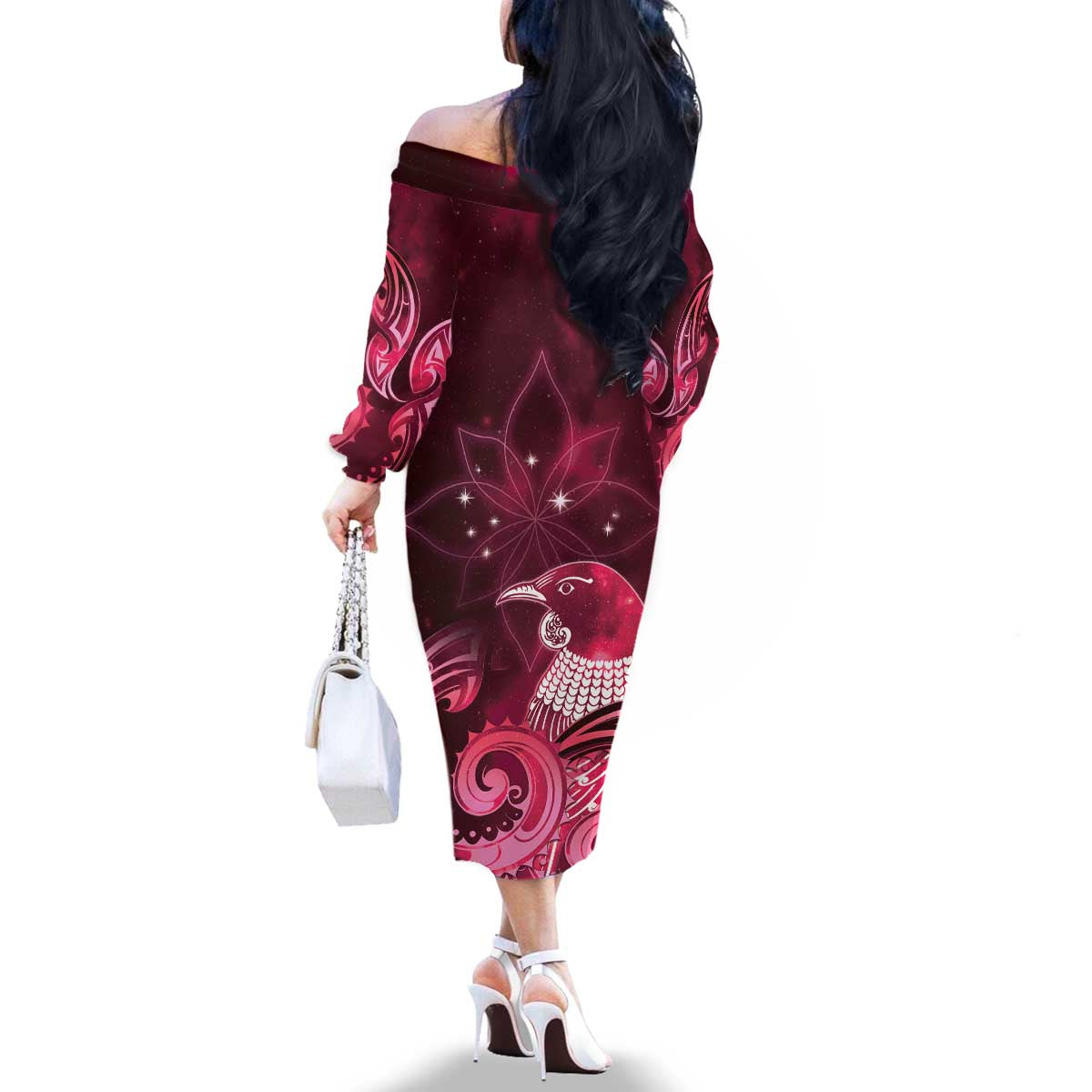 New Zealand Matariki Family Matching Off The Shoulder Long Sleeve Dress and Hawaiian Shirt Maori Tui Bird Magenta Galaxy