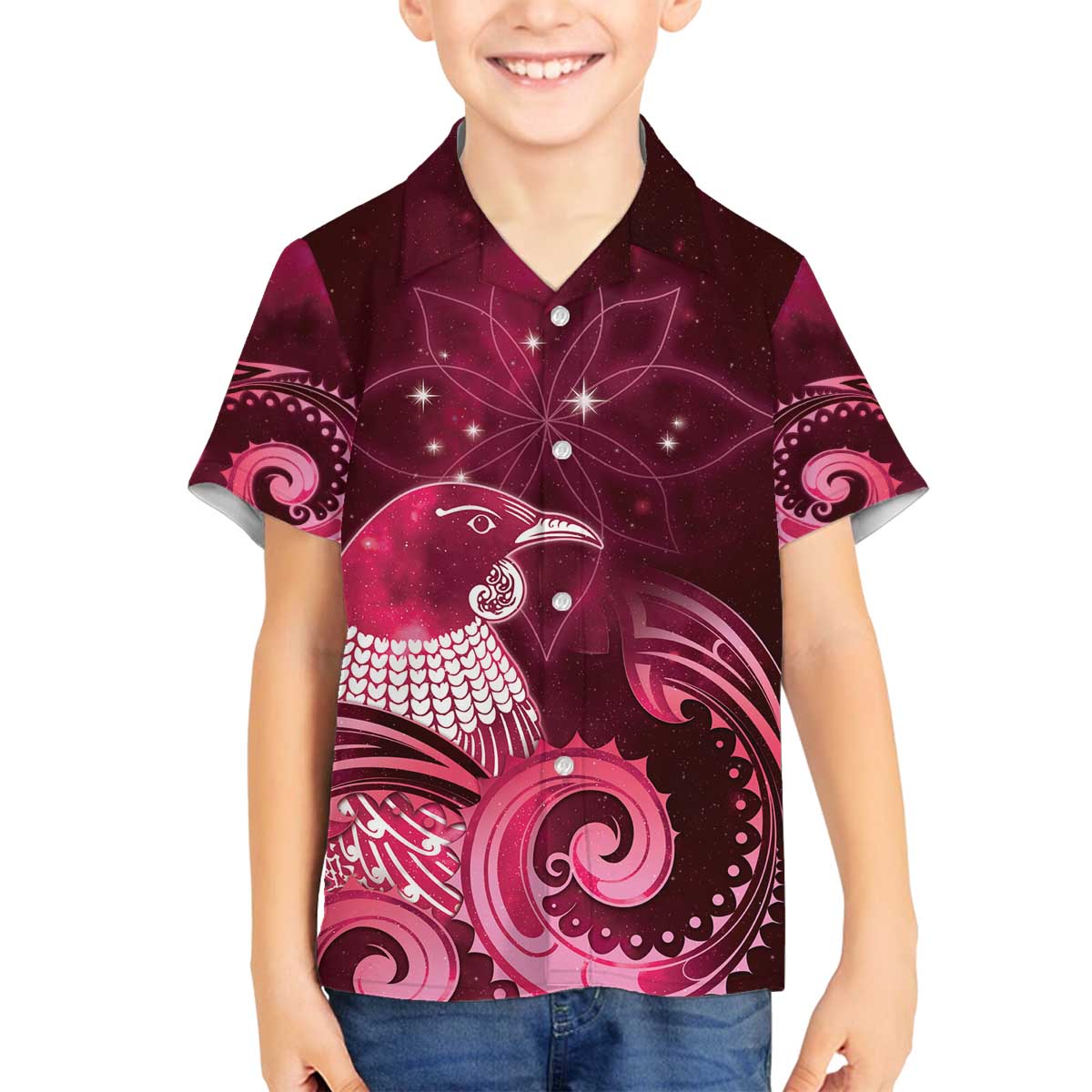 New Zealand Matariki Family Matching Off The Shoulder Long Sleeve Dress and Hawaiian Shirt Maori Tui Bird Magenta Galaxy