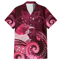New Zealand Matariki Family Matching Off Shoulder Short Dress and Hawaiian Shirt Maori Tui Bird Magenta Galaxy