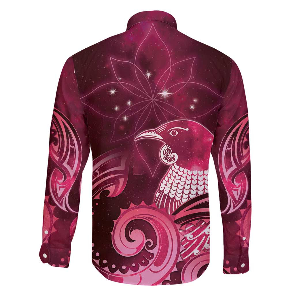 New Zealand Matariki Family Matching Off Shoulder Short Dress and Hawaiian Shirt Maori Tui Bird Magenta Galaxy