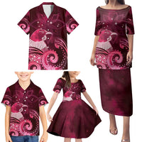 New Zealand Matariki Family Matching Puletasi and Hawaiian Shirt Maori Tui Bird Magenta Galaxy