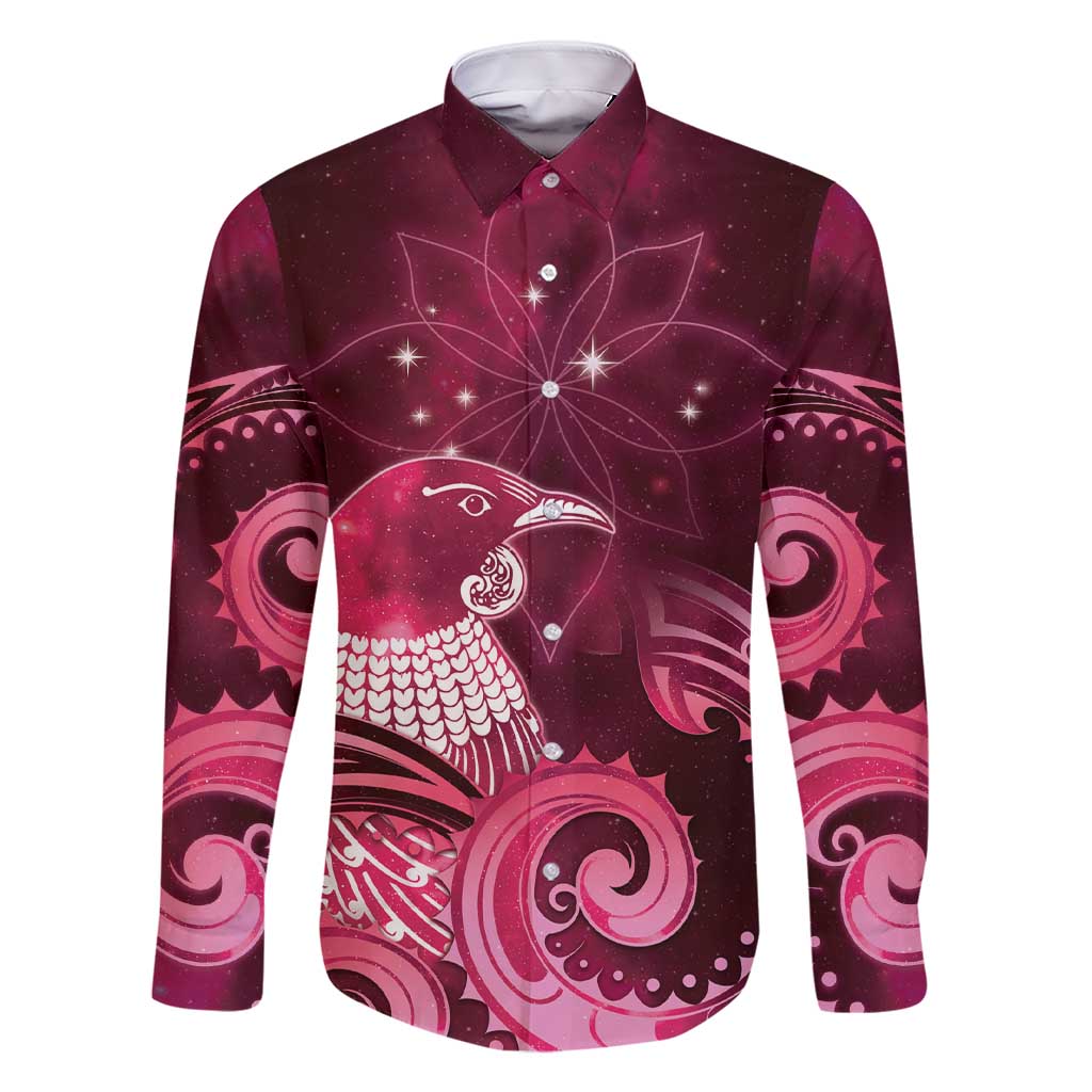 New Zealand Matariki Family Matching Short Sleeve Bodycon Dress and Hawaiian Shirt Maori Tui Bird Magenta Galaxy