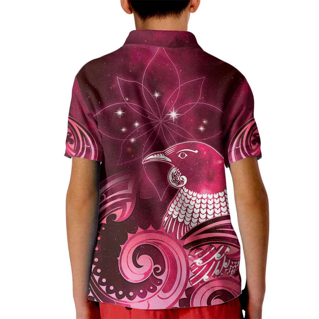 New Zealand Matariki Kid Polo Shirt Maori Tui Bird Magenta Galaxy