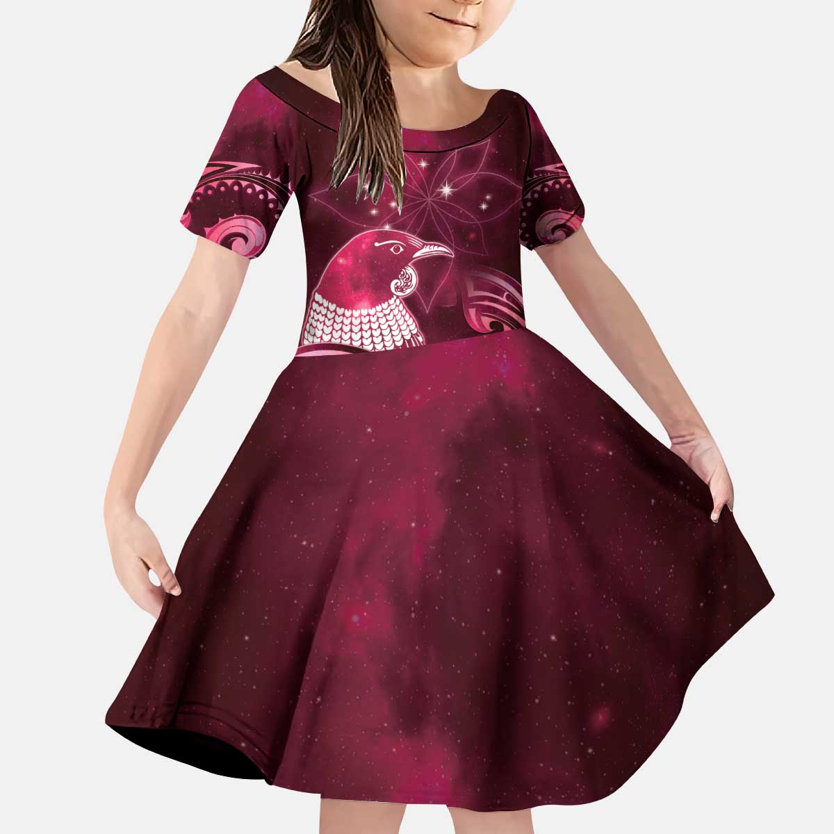 New Zealand Matariki Kid Short Sleeve Dress Maori Tui Bird Magenta Galaxy