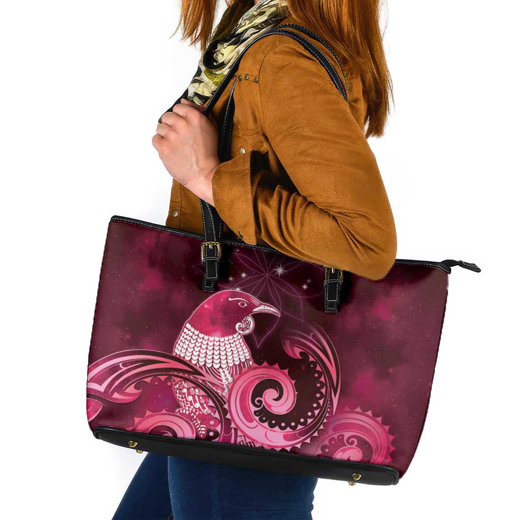 New Zealand Matariki Leather Tote Bag Maori Tui Bird Magenta Galaxy