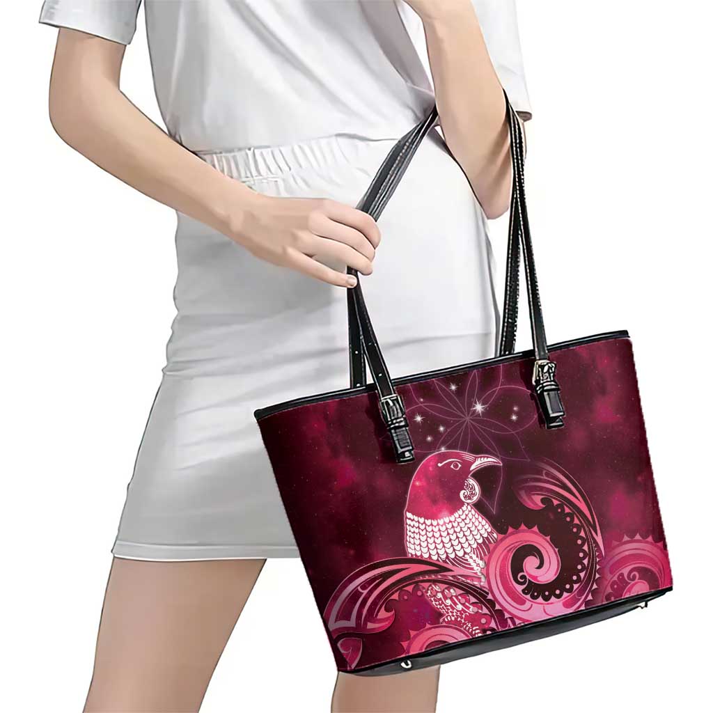 New Zealand Matariki Leather Tote Bag Maori Tui Bird Magenta Galaxy