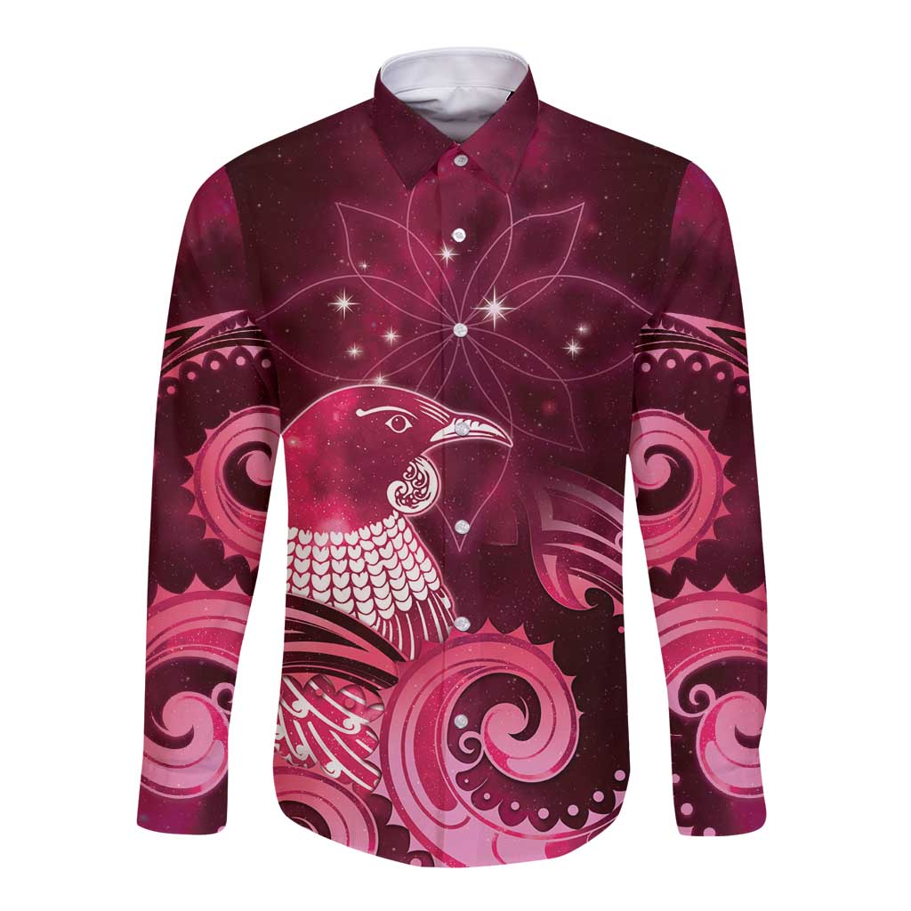 New Zealand Matariki Long Sleeve Button Shirt Maori Tui Bird Magenta Galaxy