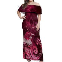 New Zealand Matariki Off Shoulder Maxi Dress Maori Tui Bird Magenta Galaxy