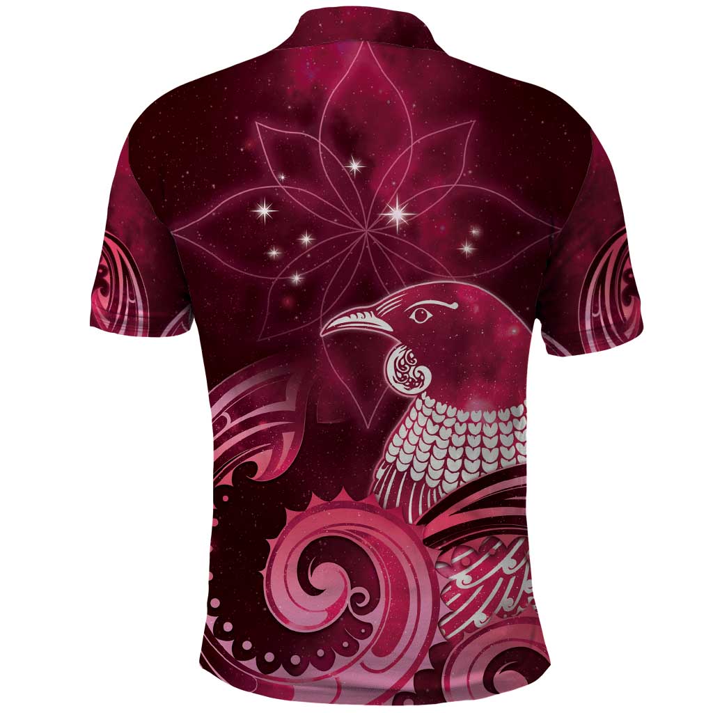 New Zealand Matariki Polo Shirt Maori Tui Bird Magenta Galaxy