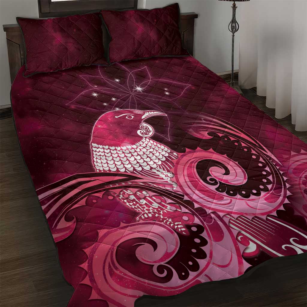 New Zealand Matariki Quilt Bed Set Maori Tui Bird Magenta Galaxy