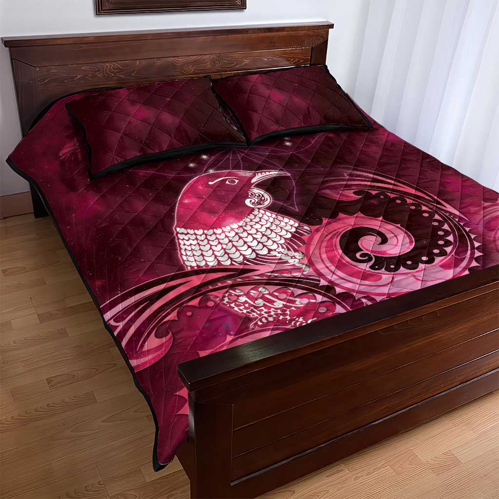 New Zealand Matariki Quilt Bed Set Maori Tui Bird Magenta Galaxy
