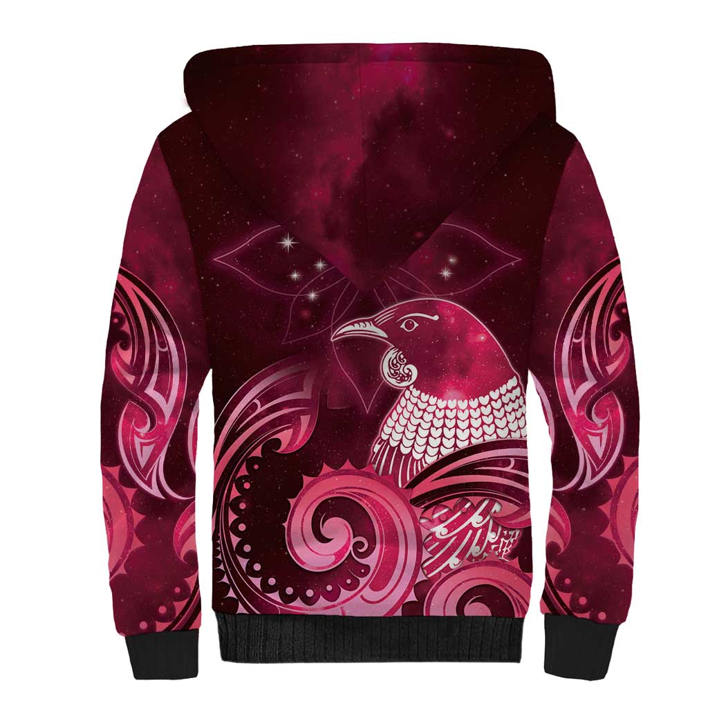 New Zealand Matariki Sherpa Hoodie Maori Tui Bird Magenta Galaxy
