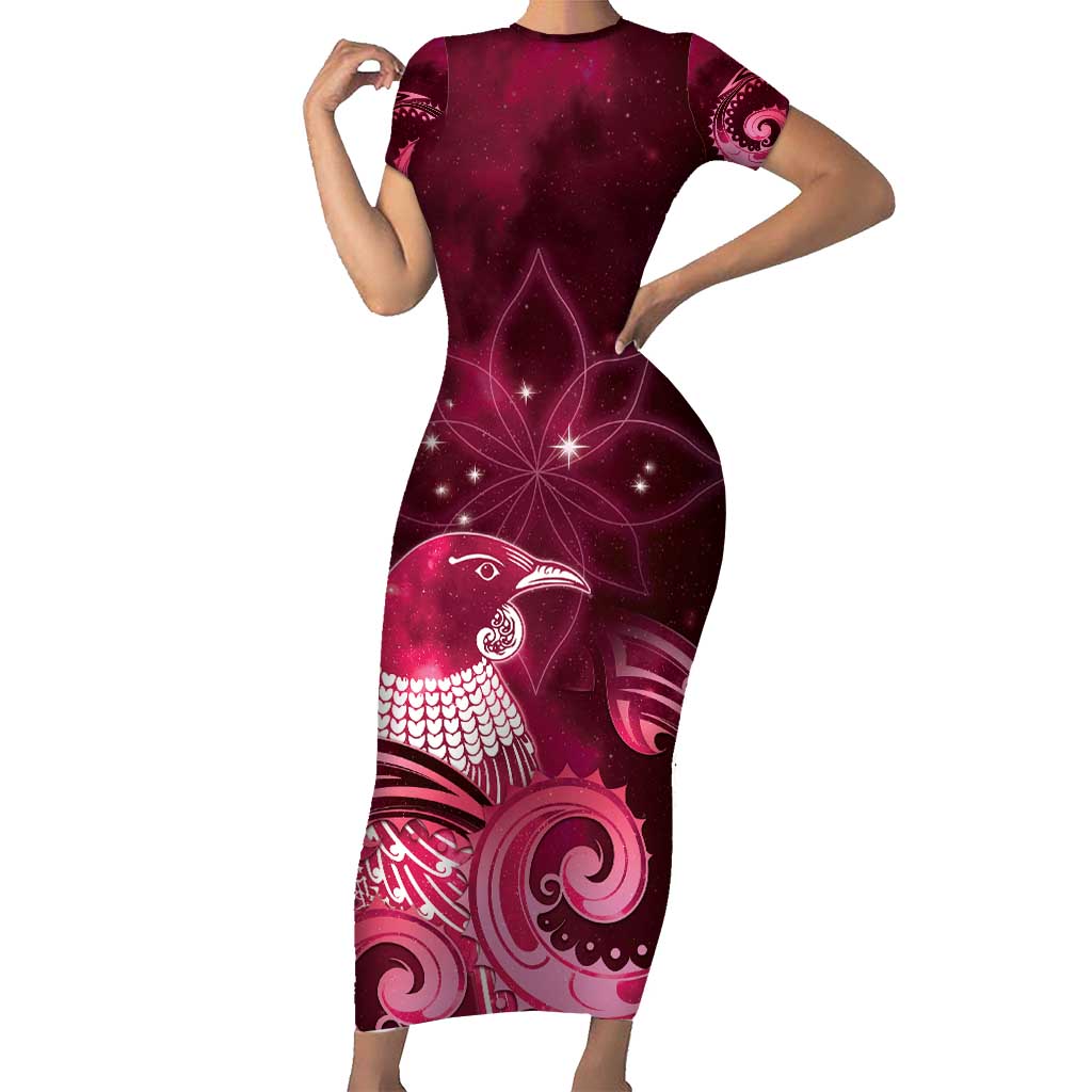 New Zealand Matariki Short Sleeve Bodycon Dress Maori Tui Bird Magenta Galaxy
