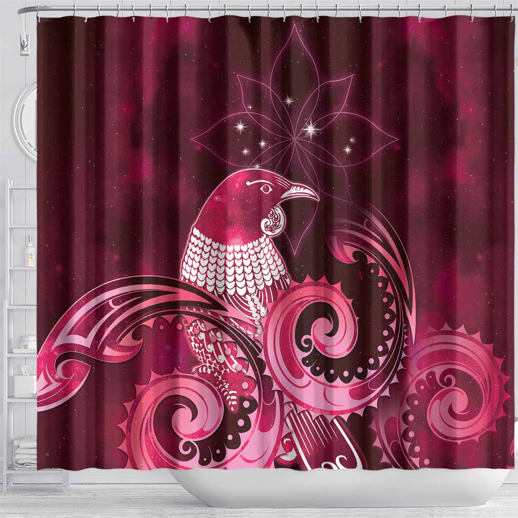 New Zealand Matariki Shower Curtain Maori Tui Bird Magenta Galaxy