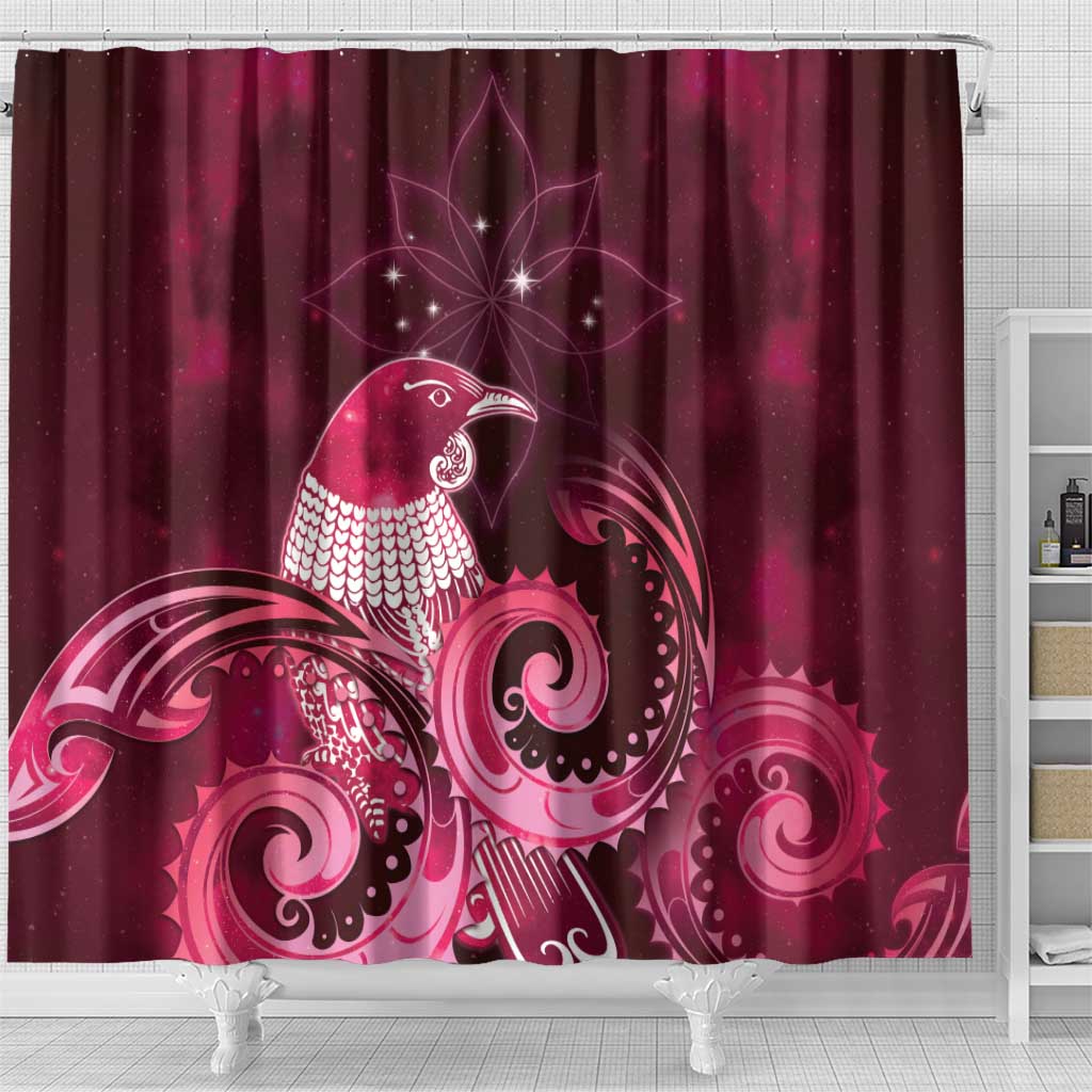 New Zealand Matariki Shower Curtain Maori Tui Bird Magenta Galaxy
