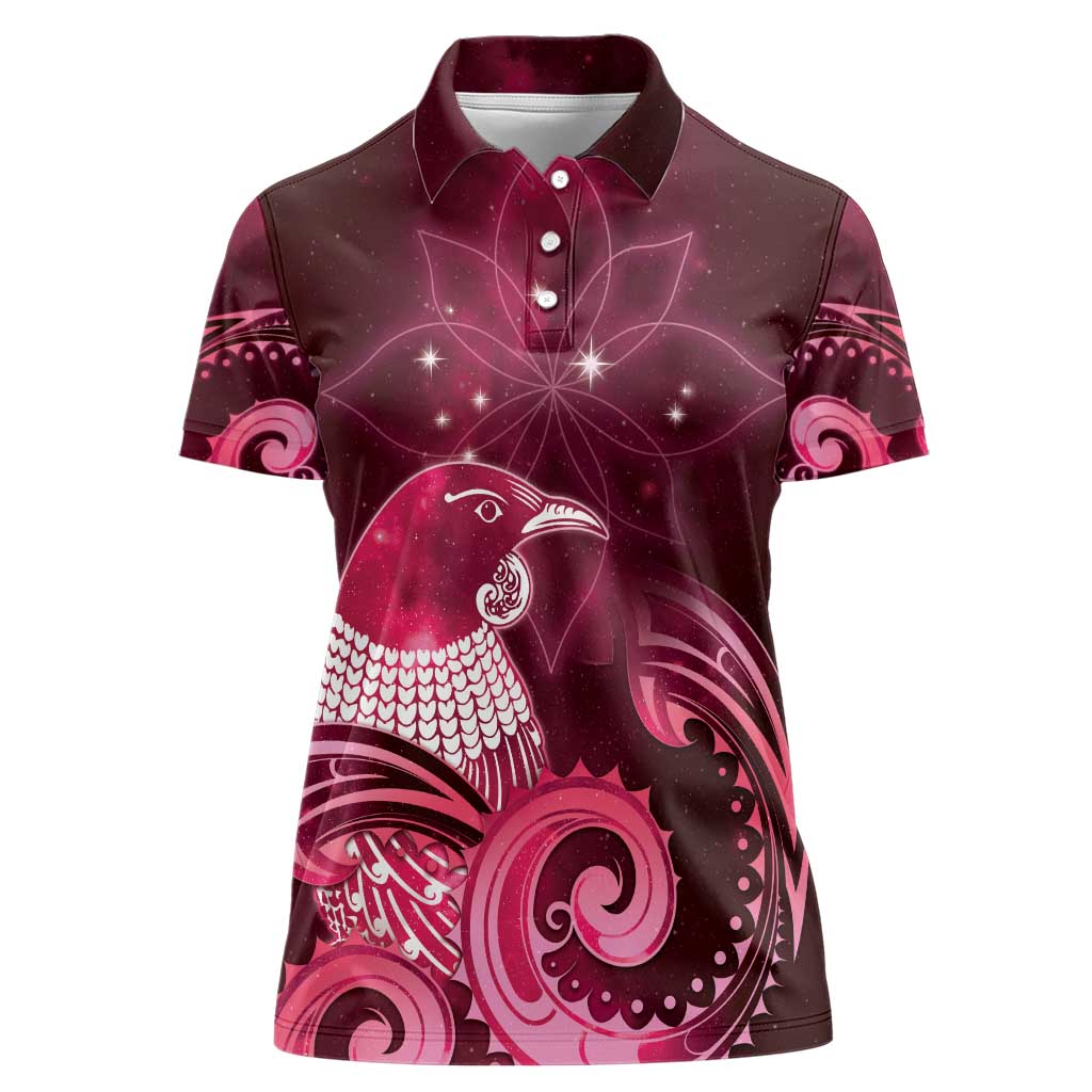 New Zealand Matariki Women Polo Shirt Maori Tui Bird Magenta Galaxy
