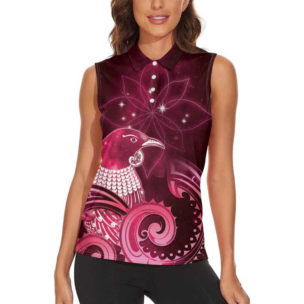 New Zealand Matariki Women Sleeveless Polo Shirt Maori Tui Bird Magenta Galaxy