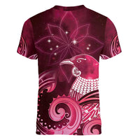 New Zealand Matariki Women V-Neck T-Shirt Maori Tui Bird Magenta Galaxy