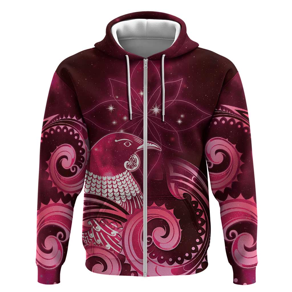 New Zealand Matariki Zip Hoodie Maori Tui Bird Magenta Galaxy