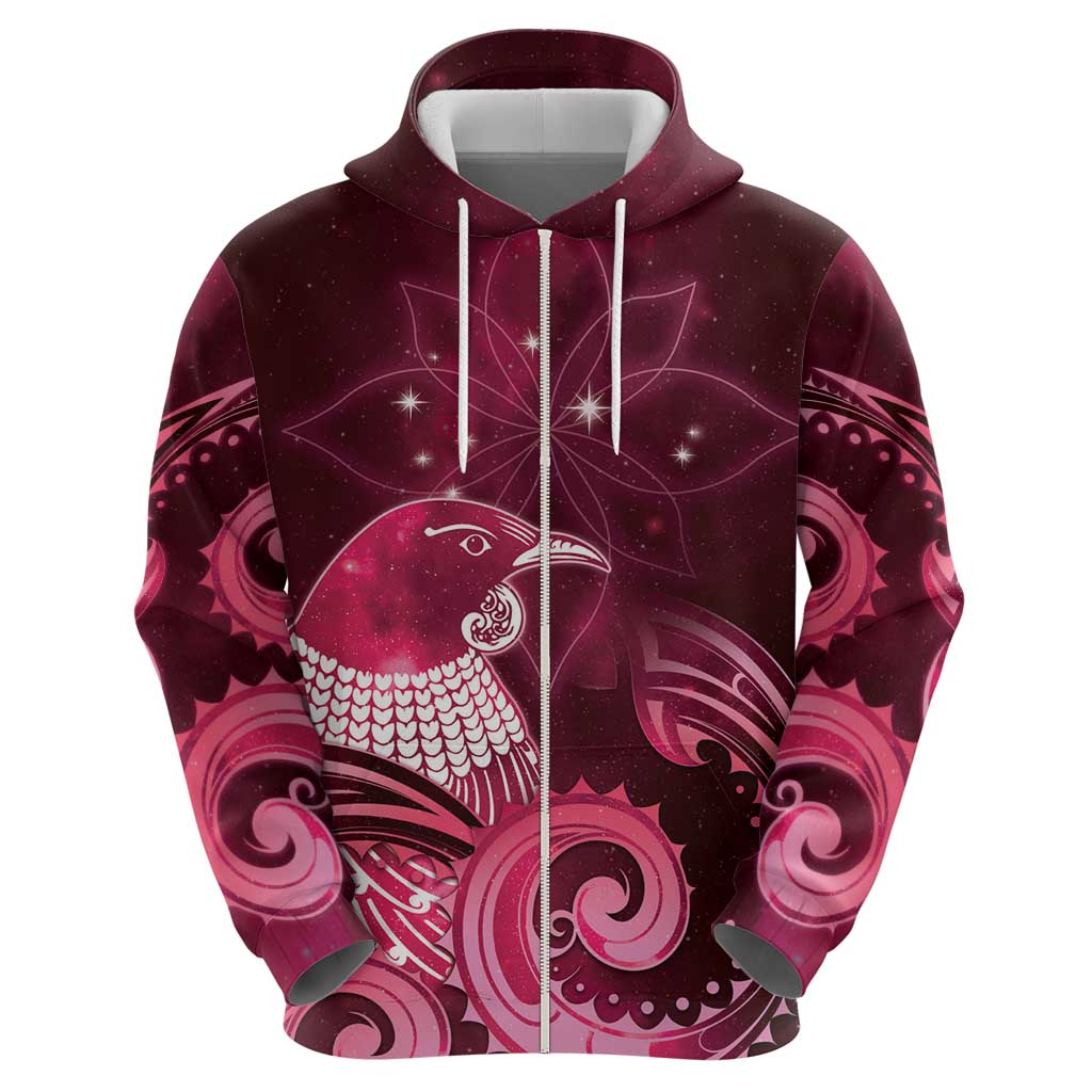 New Zealand Matariki Zip Hoodie Maori Tui Bird Magenta Galaxy