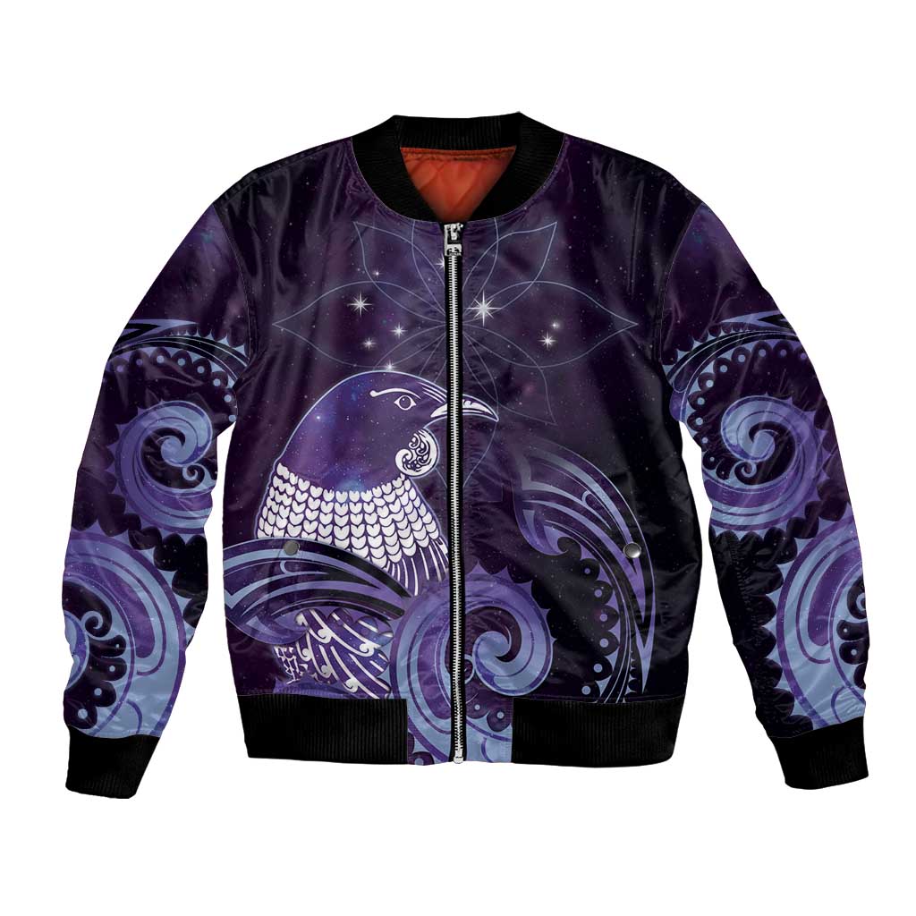 New Zealand Matariki Bomber Jacket Maori Tui Bird Purple Galaxy