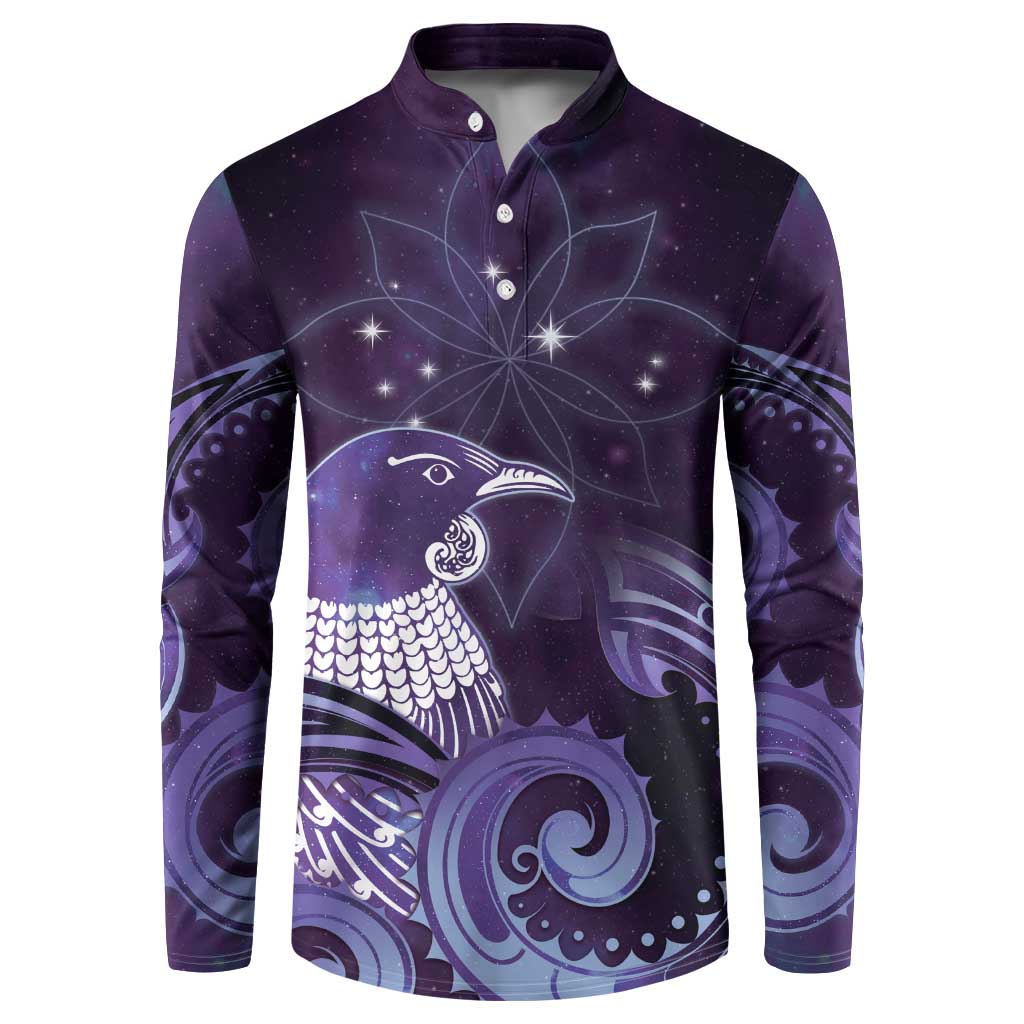 New Zealand Matariki Button Sweatshirt Maori Tui Bird Purple Galaxy