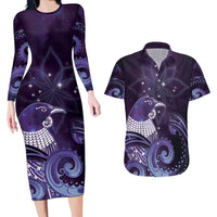 New Zealand Matariki Couples Matching Long Sleeve Bodycon Dress and Hawaiian Shirt Maori Tui Bird Purple Galaxy