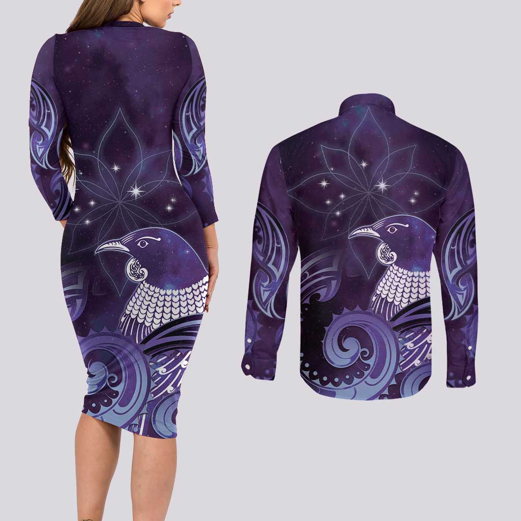 New Zealand Matariki Couples Matching Long Sleeve Bodycon Dress and Long Sleeve Button Shirt Maori Tui Bird Purple Galaxy