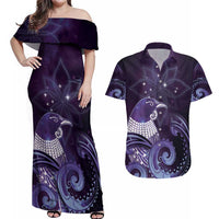 New Zealand Matariki Couples Matching Off Shoulder Maxi Dress and Hawaiian Shirt Maori Tui Bird Purple Galaxy
