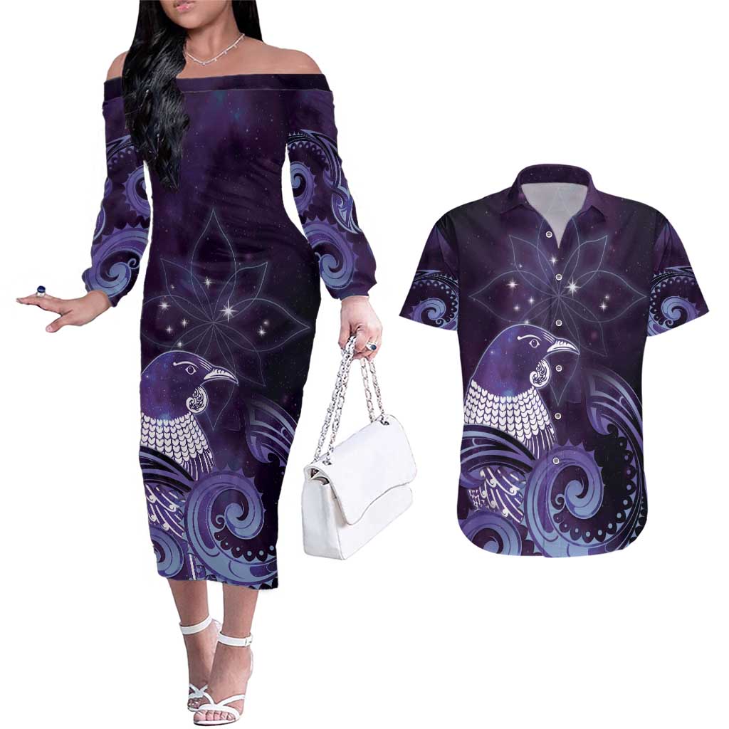 New Zealand Matariki Couples Matching Off The Shoulder Long Sleeve Dress and Hawaiian Shirt Maori Tui Bird Purple Galaxy