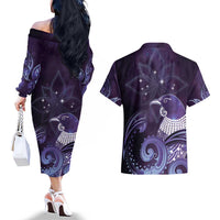 New Zealand Matariki Couples Matching Off The Shoulder Long Sleeve Dress and Hawaiian Shirt Maori Tui Bird Purple Galaxy