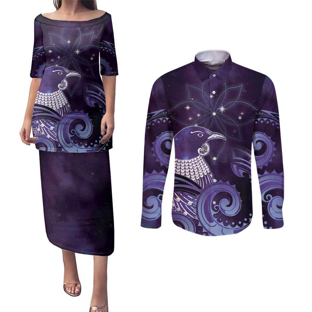 New Zealand Matariki Couples Matching Puletasi and Long Sleeve Button Shirt Maori Tui Bird Purple Galaxy
