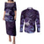 New Zealand Matariki Couples Matching Puletasi and Long Sleeve Button Shirt Maori Tui Bird Purple Galaxy